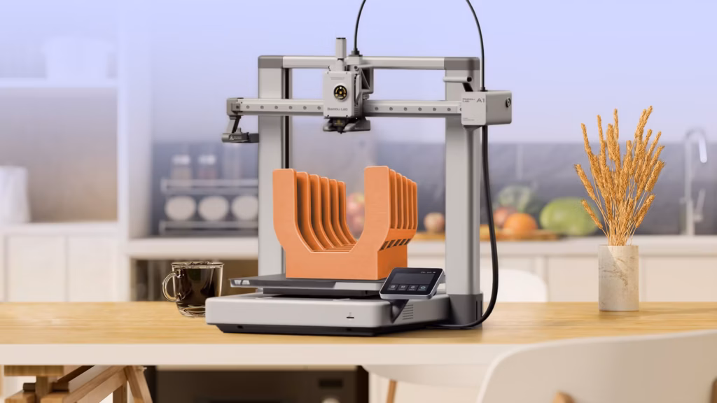 3D Printer On A Kitchen Counter Printing A Custom Pot Lid Organizer With A Modern Kitchen In The Bac Avif