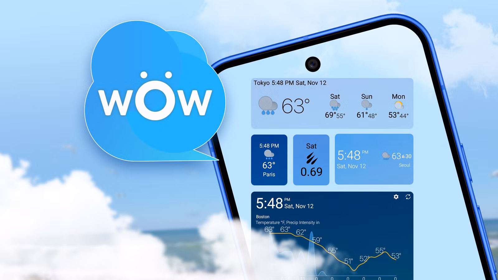 A Smartphone Displaying Weather Widgets From The Weawow App Next To Its Blue Cloud Shaped Logo Again Avif
