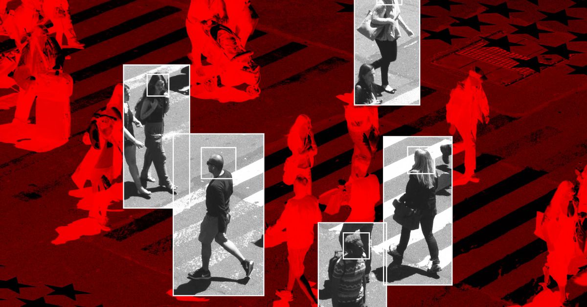 Photo collage of people walking on a busy street with digital effects to suggest they are being watched and tracked.