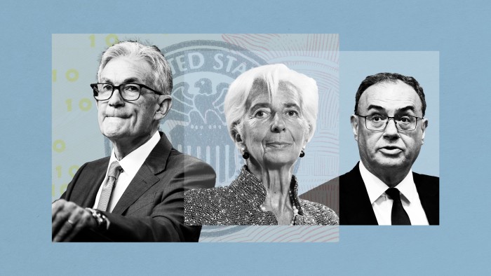 Montage including photos of Jay Powell, Christine Lagarde and Andrew Bailey