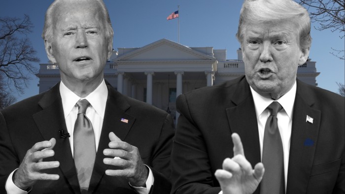 Montage of Joe Biden and Donald Trump behind the white house