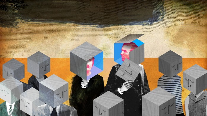 Illustration of a crowd of people with boxes on their heads. Two of them have removed the faces from their boxes to reveal the head of a man and a woman