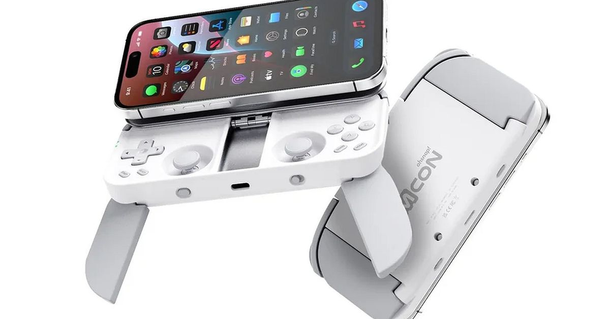 Two shots of a gamepad attached to an iPhone, with fold out grips and joysticks visible underneath its sliding frame.