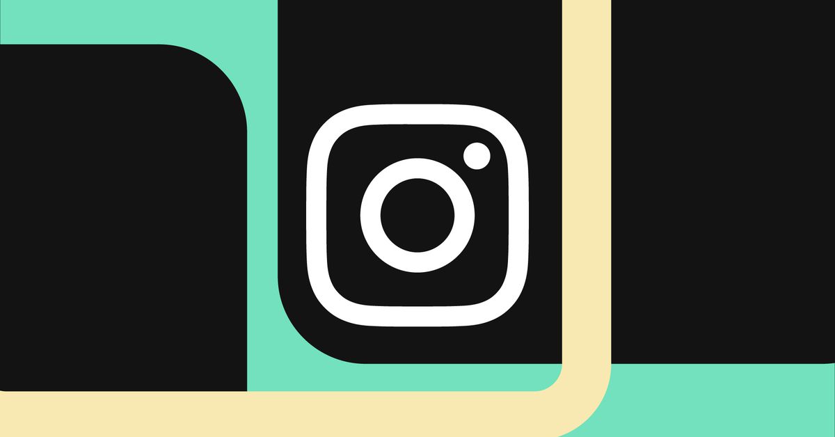 Instagram logo over green, black, and cream background