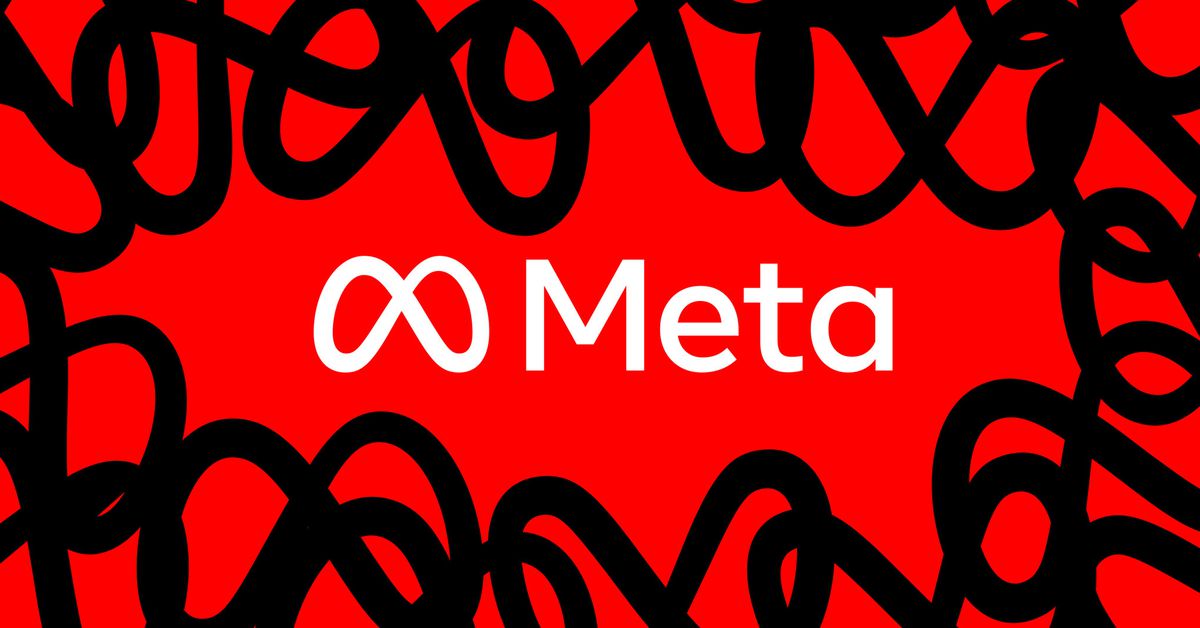 Meta logo on a red background with repeating black icons, giving a squiggly effect.