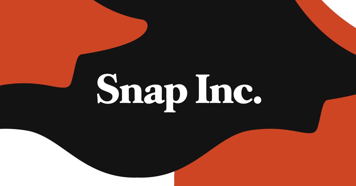 Snap Inc. written in white letters against a multicolored black, white, and reddish / orange background.