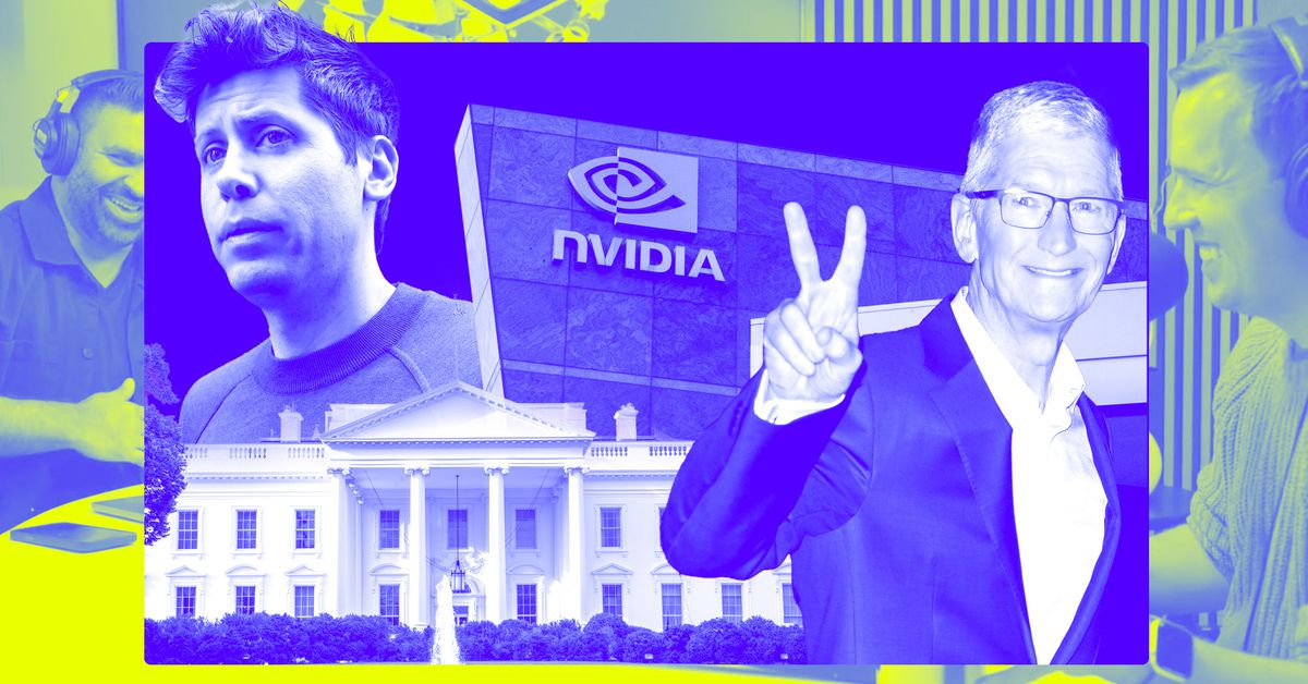 An illustration including Sam Altman, Tim Cook, Nvidia, and the White House.