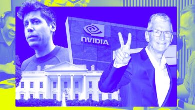 An illustration including Sam Altman, Tim Cook, Nvidia, and the White House.