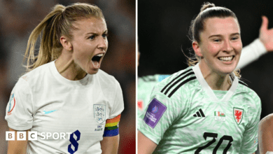 Leah Williamson of England and Carrie Jones of Wales celebrate - collated image