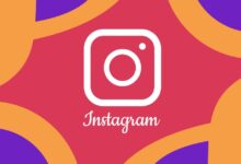 The Instagram icon is featured in the middle of a background filled with pink, orange, and purple shapes.