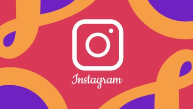 The Instagram icon is featured in the middle of a background filled with pink, orange, and purple shapes.