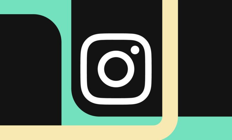 Instagram logo over green, black, and cream background