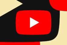 YouTube logo image in red over a geometric red, black, and cream background