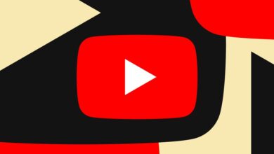 YouTube logo image in red over a geometric red, black, and cream background