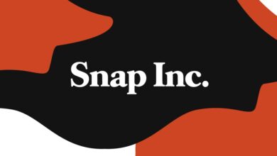 Snap Inc. written in white letters against a multicolored black, white, and reddish / orange background.