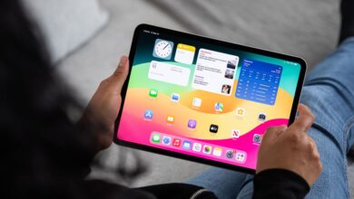 Image over the shoulder of a seated person holding an iPad Pro.