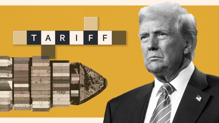 Montage image of tiles spelling ‘tariff’, a container ship, and Donald Trump