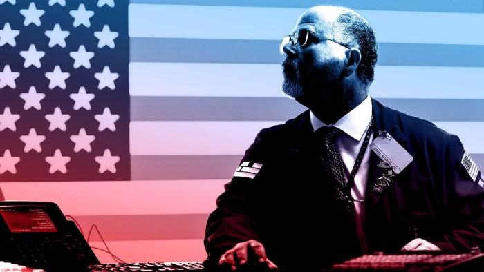 Montage of US flag and a stock trader