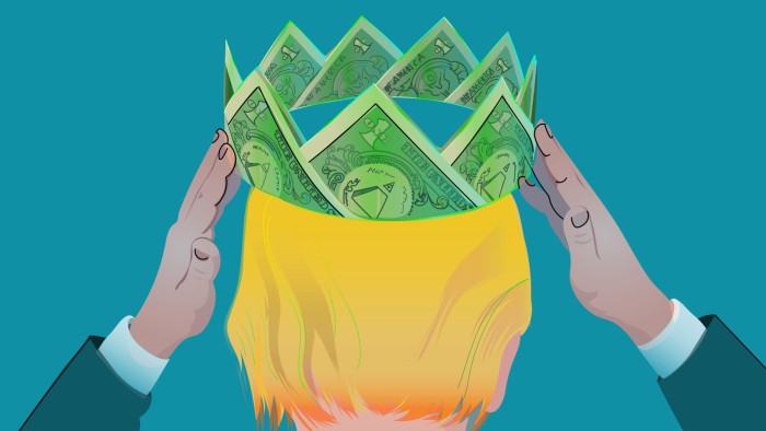 Efi Chalikopoulou illustration of Trump wearing a crown made of dollar bills.