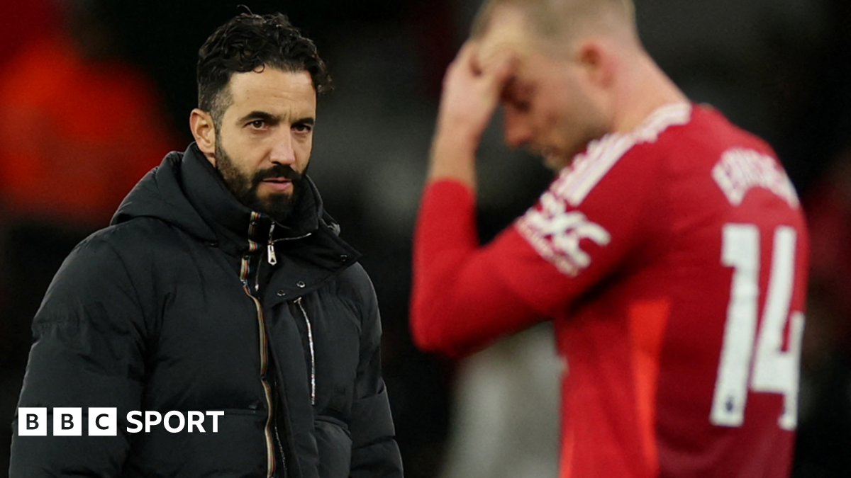 Manchester United boss Ruben Amorim and player Christian Eriksen react after the home defeat to Newcastle United