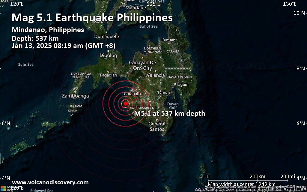 زلزال متوسط ​​ولكنه عميق بقوة 5.1 درجة على بعد 64 كم جنوب غرب مدينة كوتاباتو، الفلبين