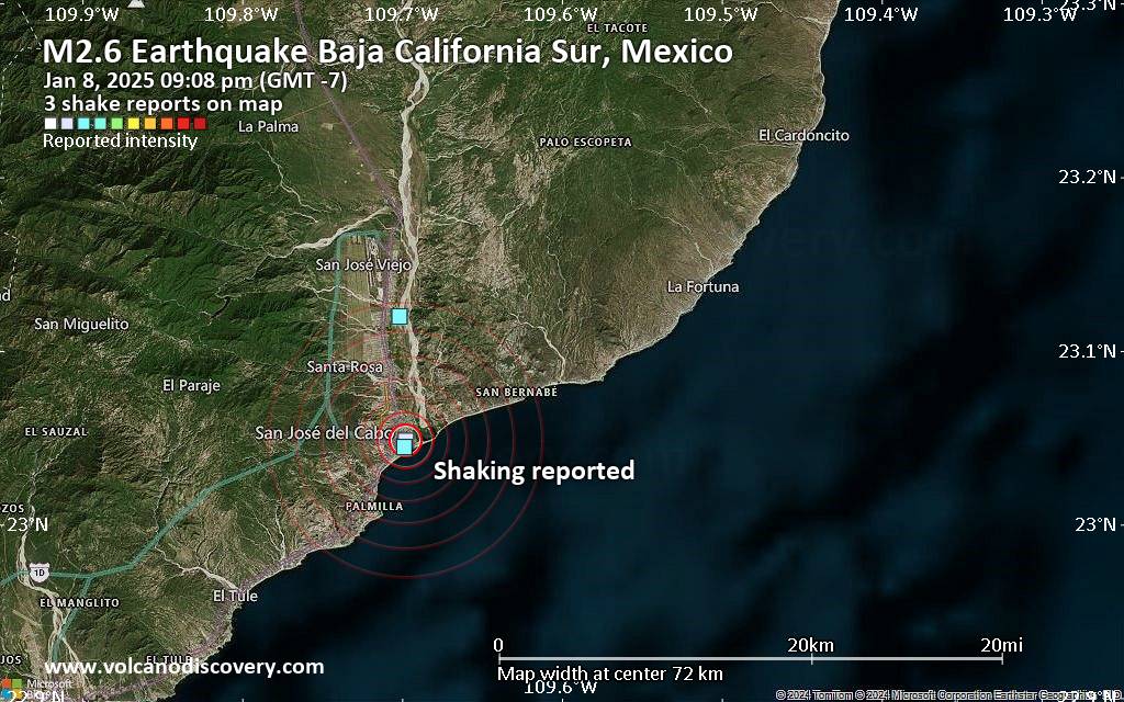 حدث شبيه بالزلزال، زلزال محتمل، تم الإبلاغ عنه منذ دقائق قليلة بالقرب من سان خوسيه ديل كابو، باجا كاليفورنيا سور، المكسيك