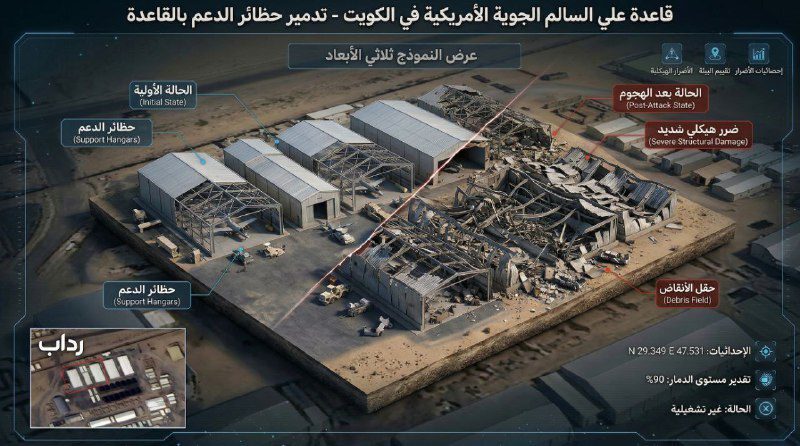 ثلاثية الأبعاد توثق أضرارا لحقت بالقاعدة الأمريكية عريفجان في الكويت