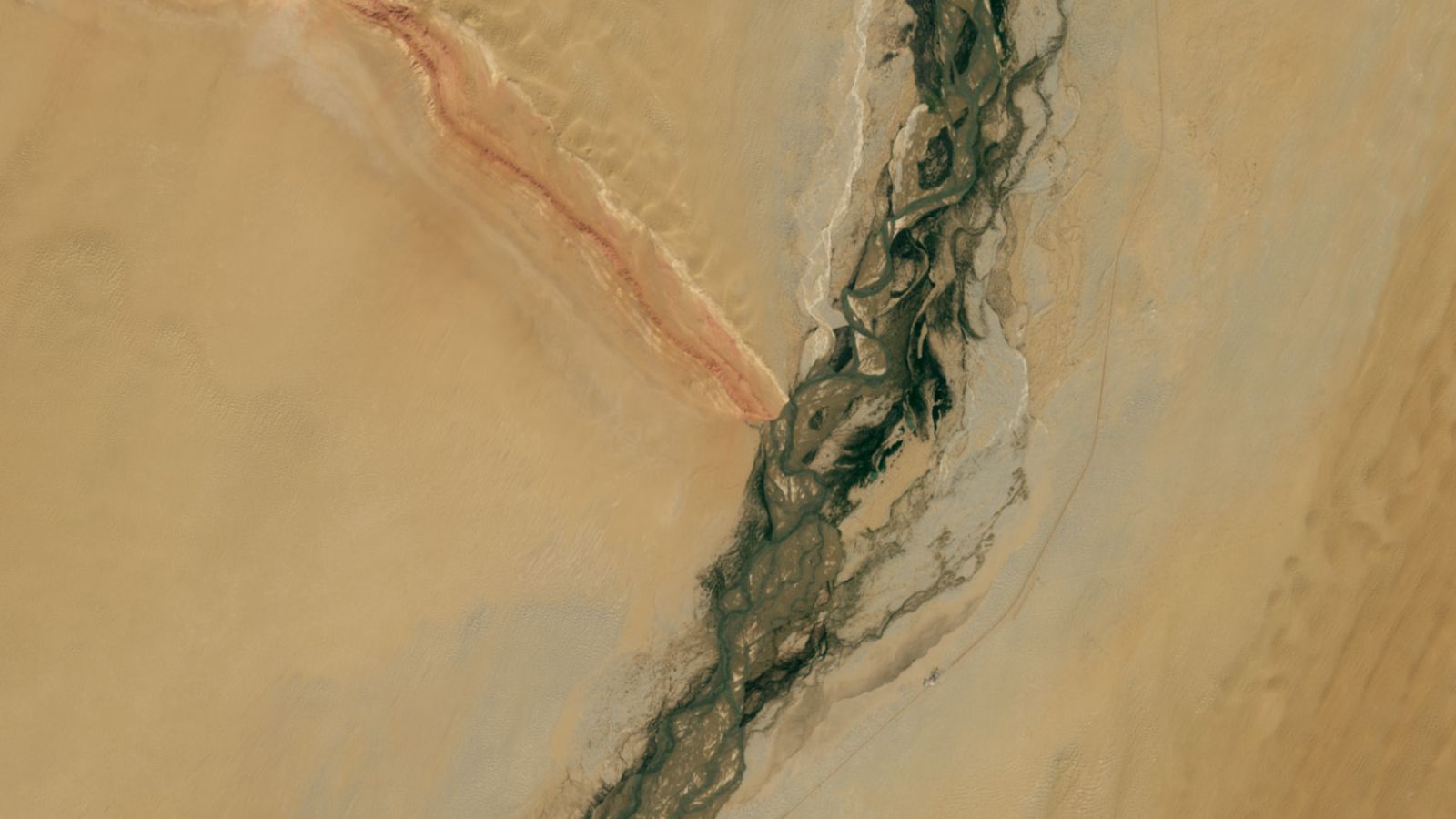 صورة توضيحية - يشكل النهر المليء بالأحجار الكريمة والسلسلة الجبلية المخططة حرف “Y” الضخم في صحراء الصين المُعاد تنشيطها الأرض من الفضاء