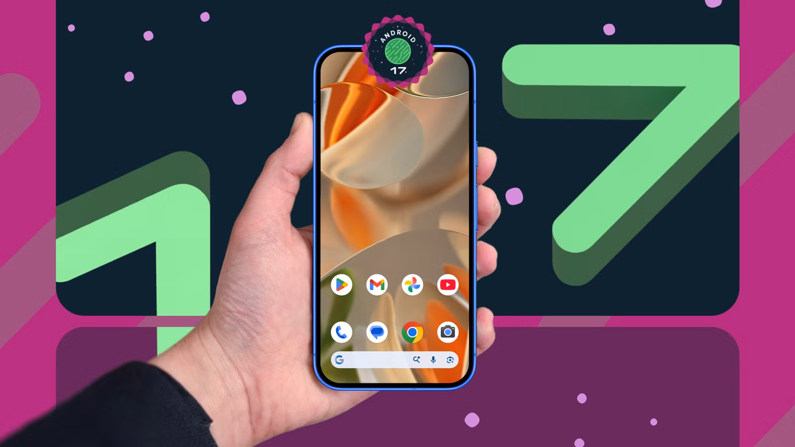 1776375013 a hand holding a smartphone displaying a minimalist android 17 home screen png