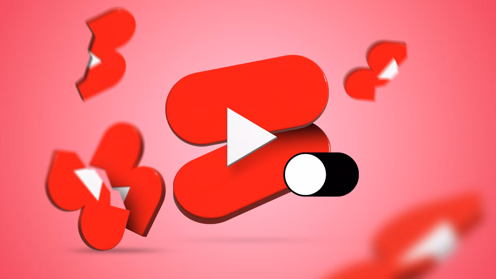 3d youtube shorts logo with a disabled toggle switch surrounded by fragmented pieces floating agains avif