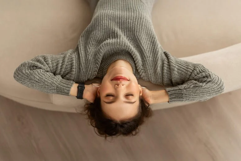 Relaxed Smiling Young Woman Laying Back Closed Eyes Stress Free 777  215 518 jpg