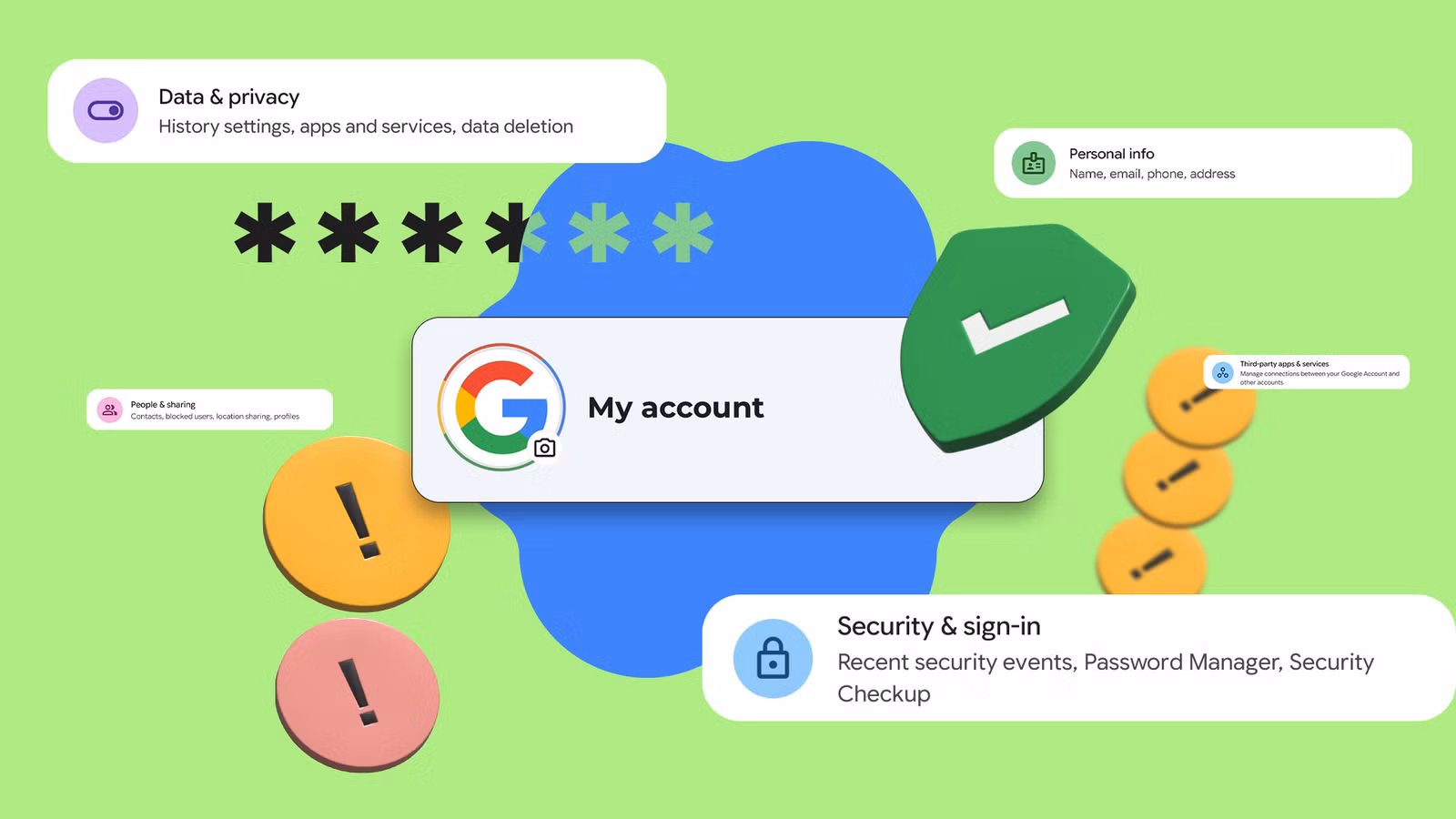 a google my account panel surrounded by floating security and privacy menus png