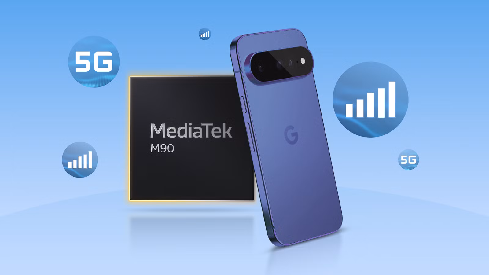 a google pixel 11 next to a mediatek m90 chip and 5g signal icons png