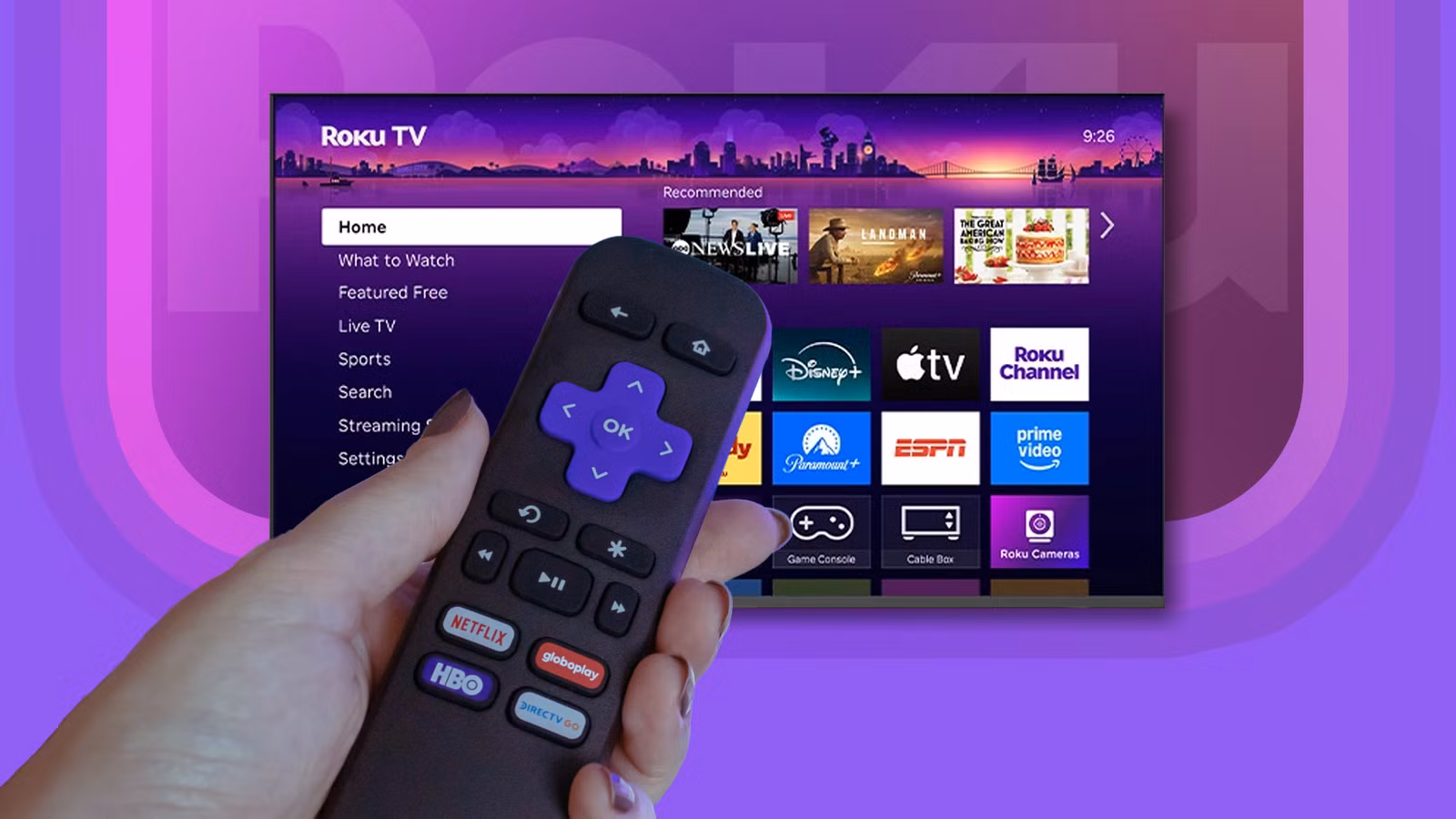 a hand holding a roku remote in front of a tv screen png