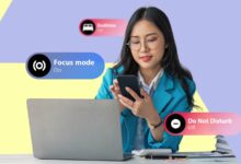 A Woman At A Desk Looking At Her Phone With Bedtime Focus Mode And Do Not Disturb Ui Labels Displaye Avif
