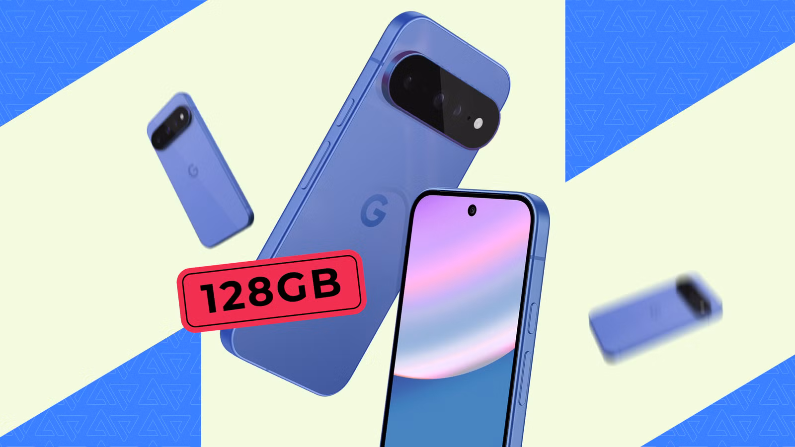 floating blue google pixel 11 phones with a 128gb label on a geometric background png