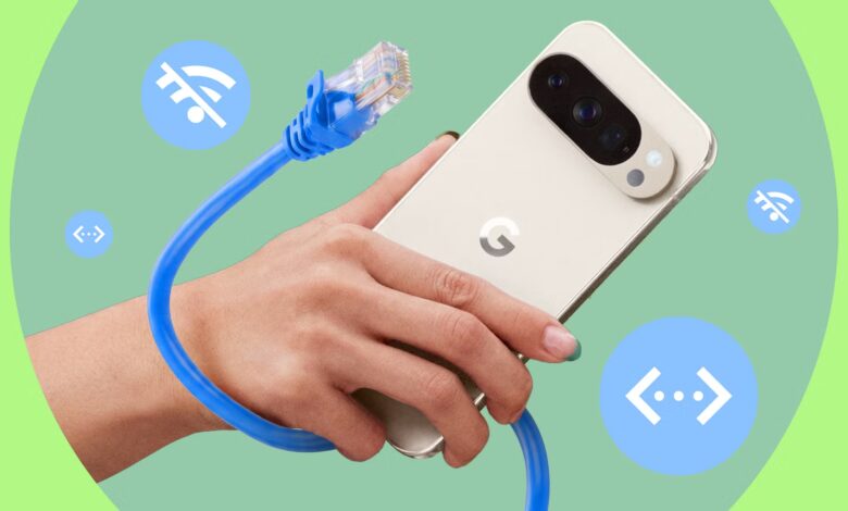 Hand Holding A Phone With A Blue Ethernet Cable Wrapped Around It And No Wi Fi Icons On A Green Back Avif