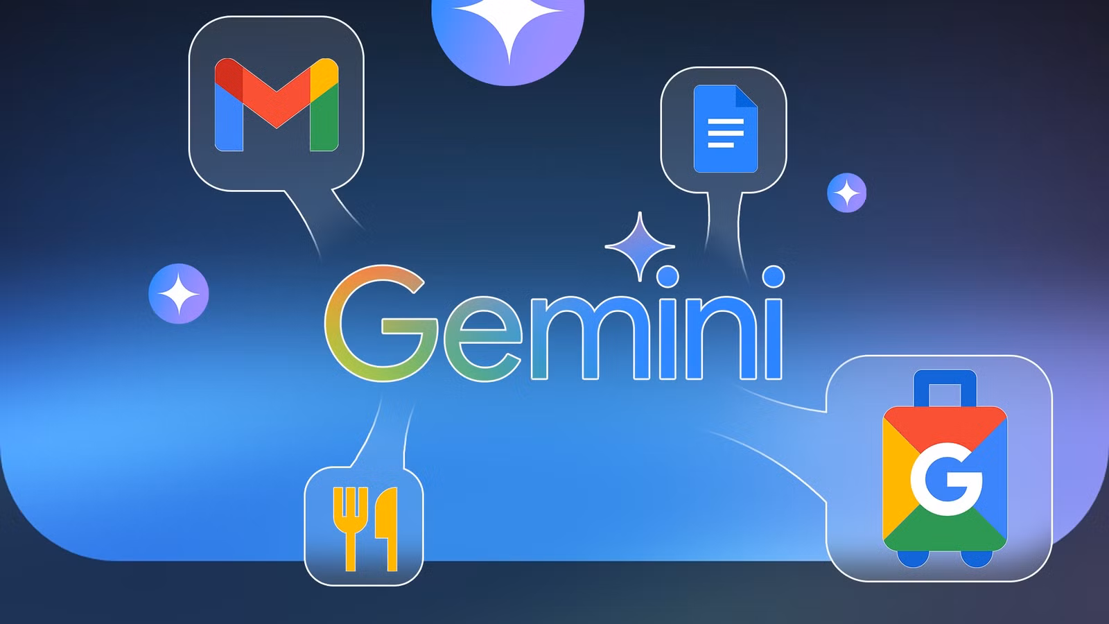 illustration showing the gemini logo at the center surrounded by gmail docs restaurant and google tr avif