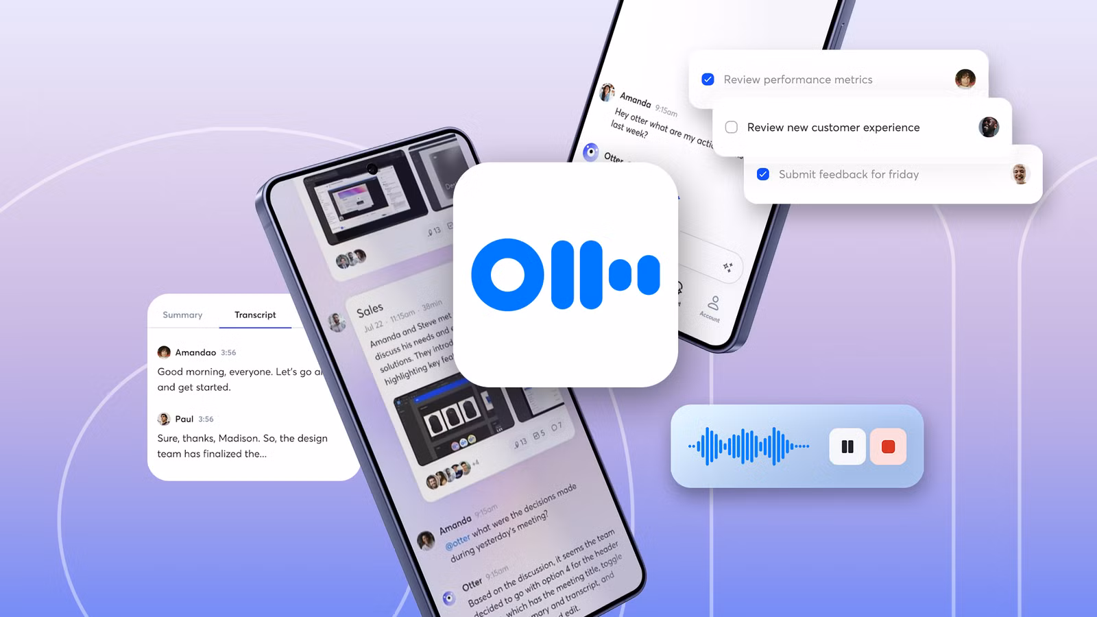 otter ai logo with floating smartphone screens showing transcripts summaries and a checklist png