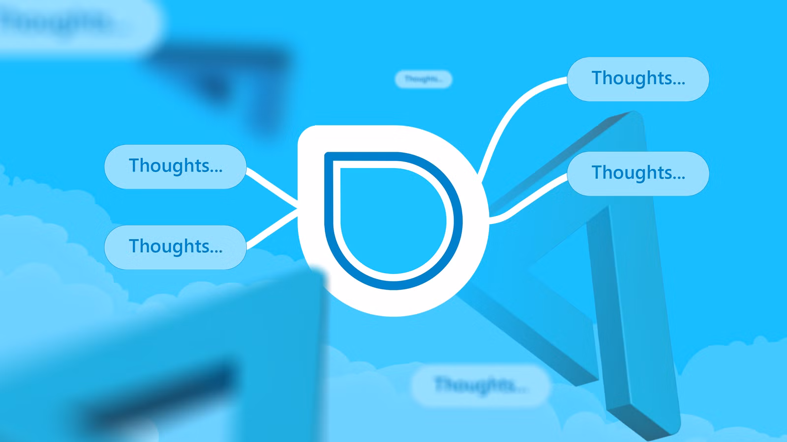 simplemind logo at the center of a mind map with thoughts nodes on a blue background png