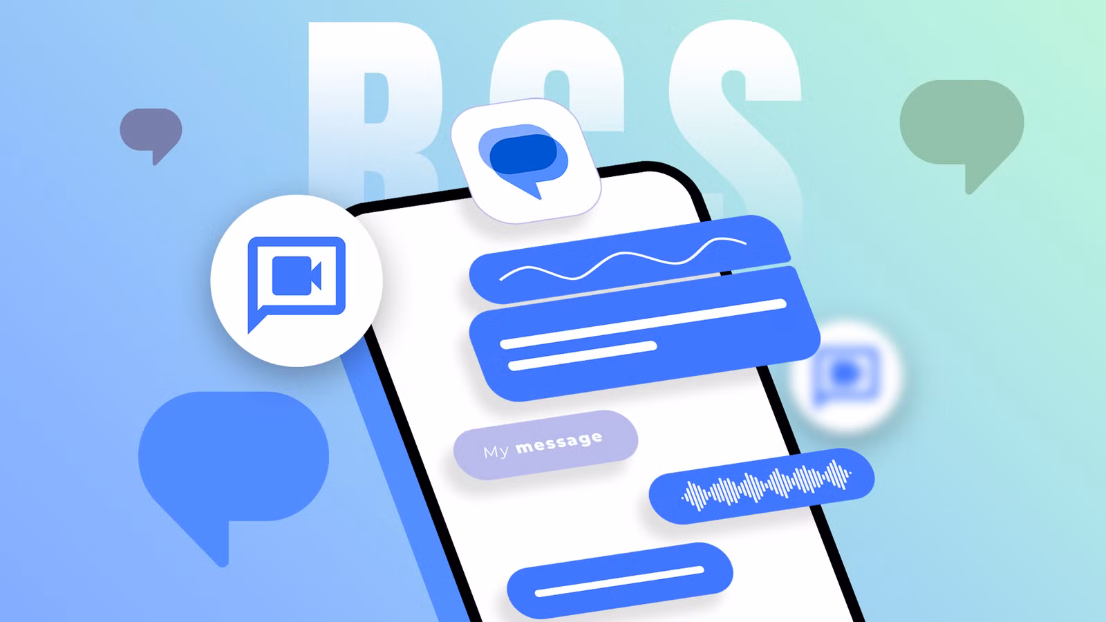 stylized smartphone with floating google messages chat bubbles a video call icon and an audio wave a avif