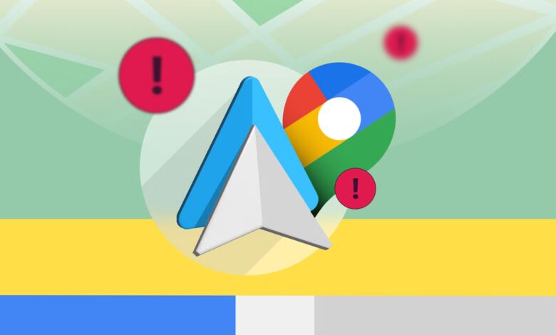The Android Auto Logo And Google Maps Pin Surrounded By Red Alert Icons Against A Blurred Map Backgr Avif