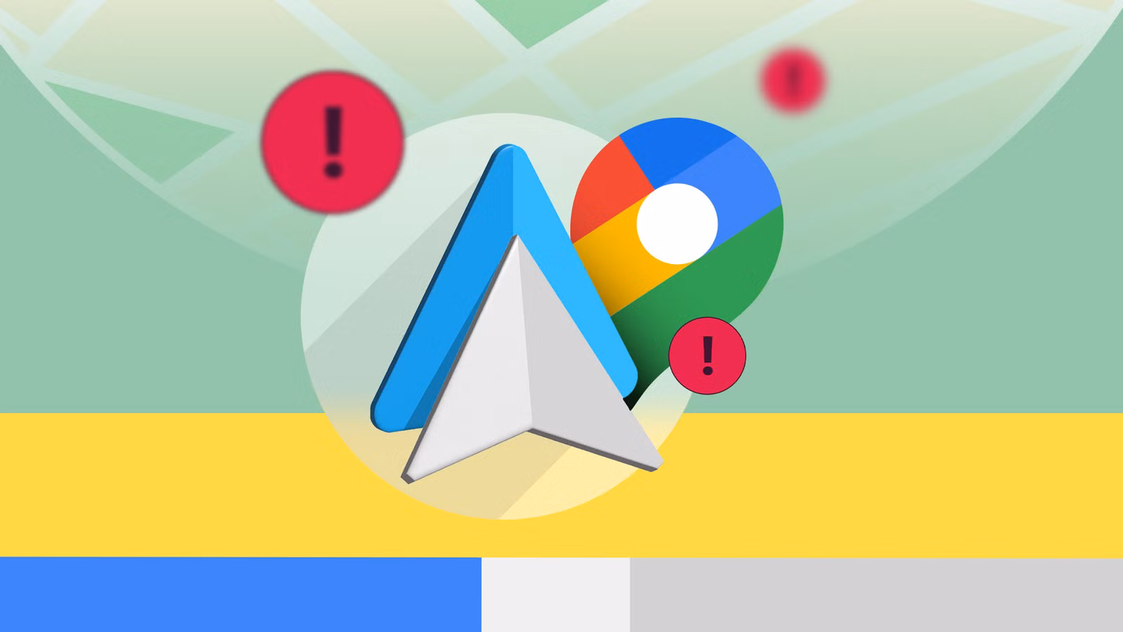 the android auto logo and google maps pin surrounded by red alert icons against a blurred map backgr avif