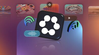 The Huxe Logo Surrounded By Floating Digital Podcast Cards With The Notebooklm Logo Blurred In The B Avif