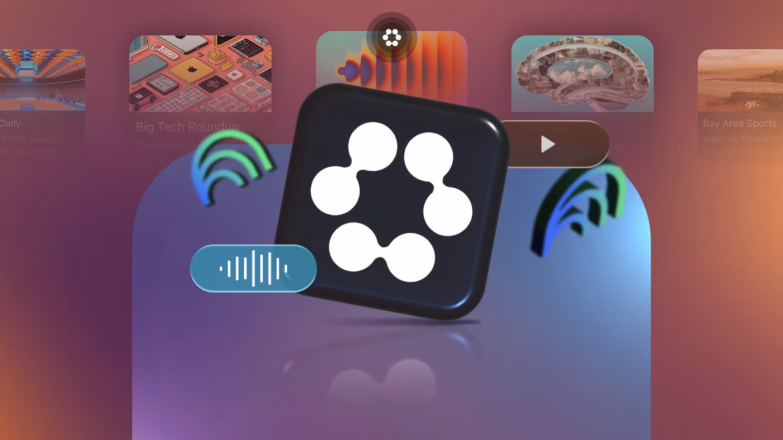 the huxe logo surrounded by floating digital podcast cards with the notebooklm logo blurred in the b avif