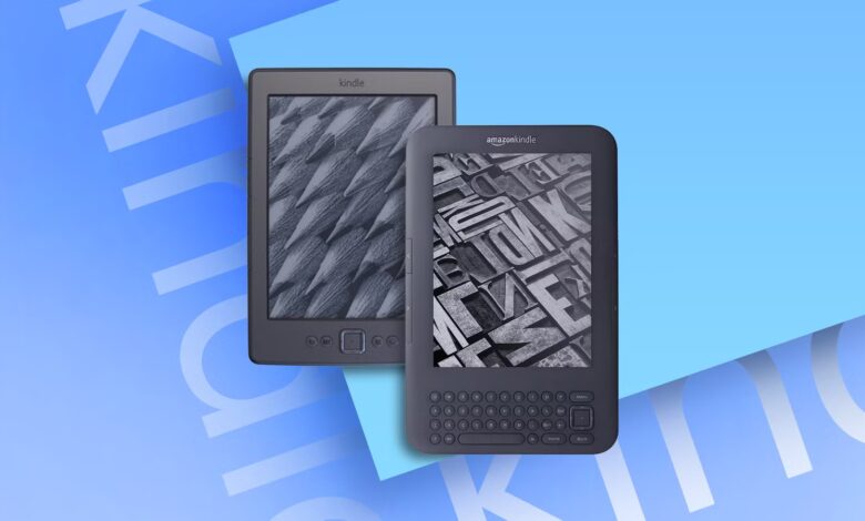 Two Older Model Amazon Kindle E Readers One Featuring A Physical Keyboard Displayed Against A Light Avif