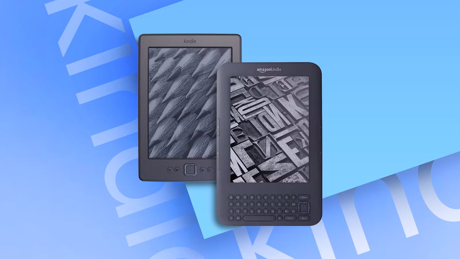 two older model amazon kindle e readers one featuring a physical keyboard displayed against a light avif