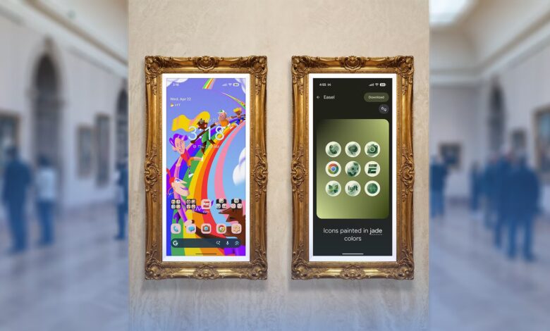 Two Smartphones Displayed As Framed Artwork In A Museum Showcasing Colorful And Styled Android Home Avif