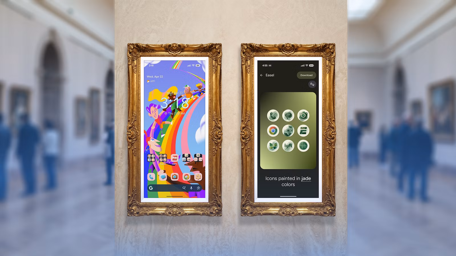 two smartphones displayed as framed artwork in a museum showcasing colorful and styled android home avif