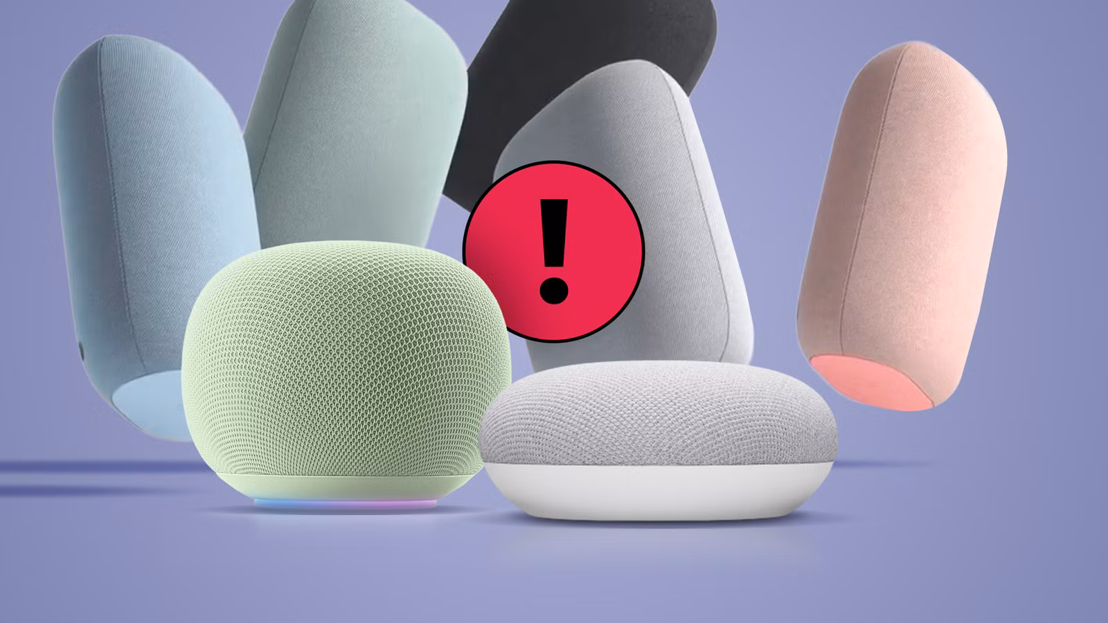 1778911216 a group of google home and nest smart speakers floating around a large red exclamation mark icon png